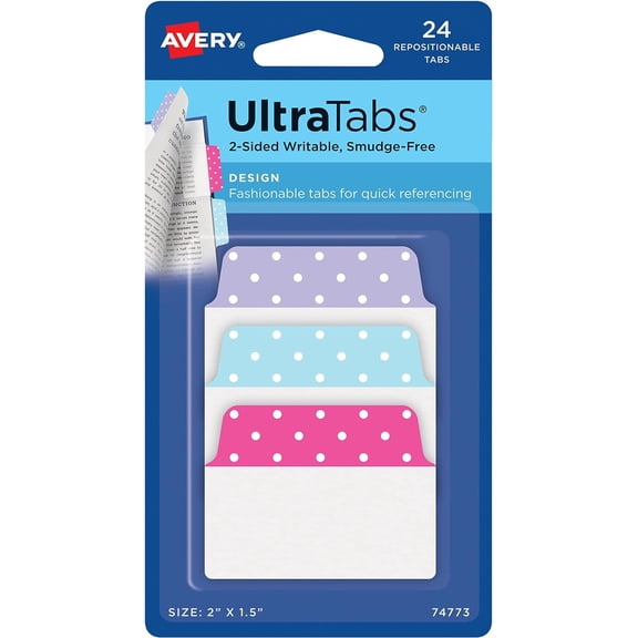 Multiuse Ultra Tabs, 2" x 1.5", 2-Side Writable, Assorted Pastel Dots, 24 Repositionable Tabs (74773)