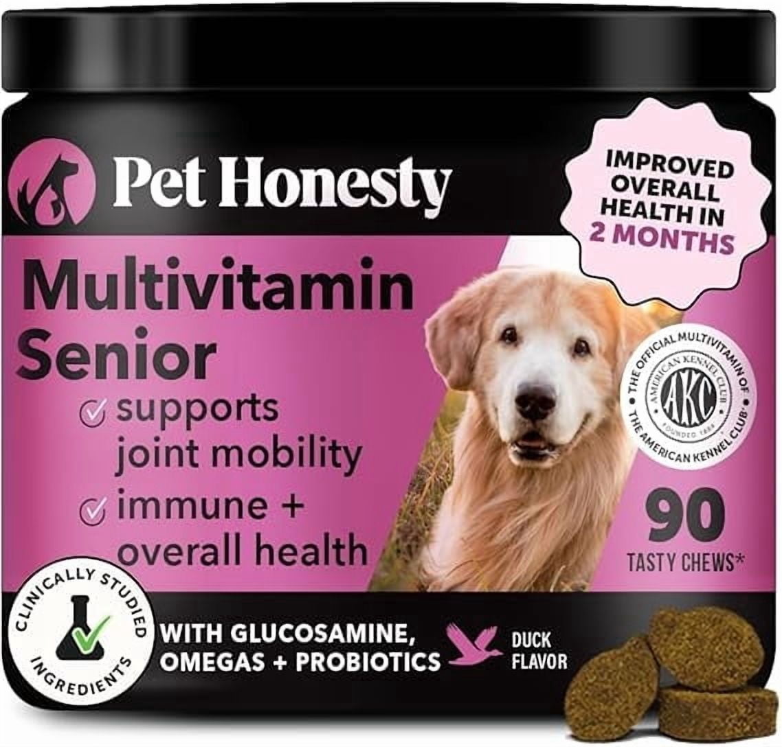 Pet Honesty 10-in-1 Senior Dog Multivitamin, Duck Flavor, Senior Dog Vitamins & Supplements with Glucosamine, Probiotics & Omega Fish Oil, 90 Count