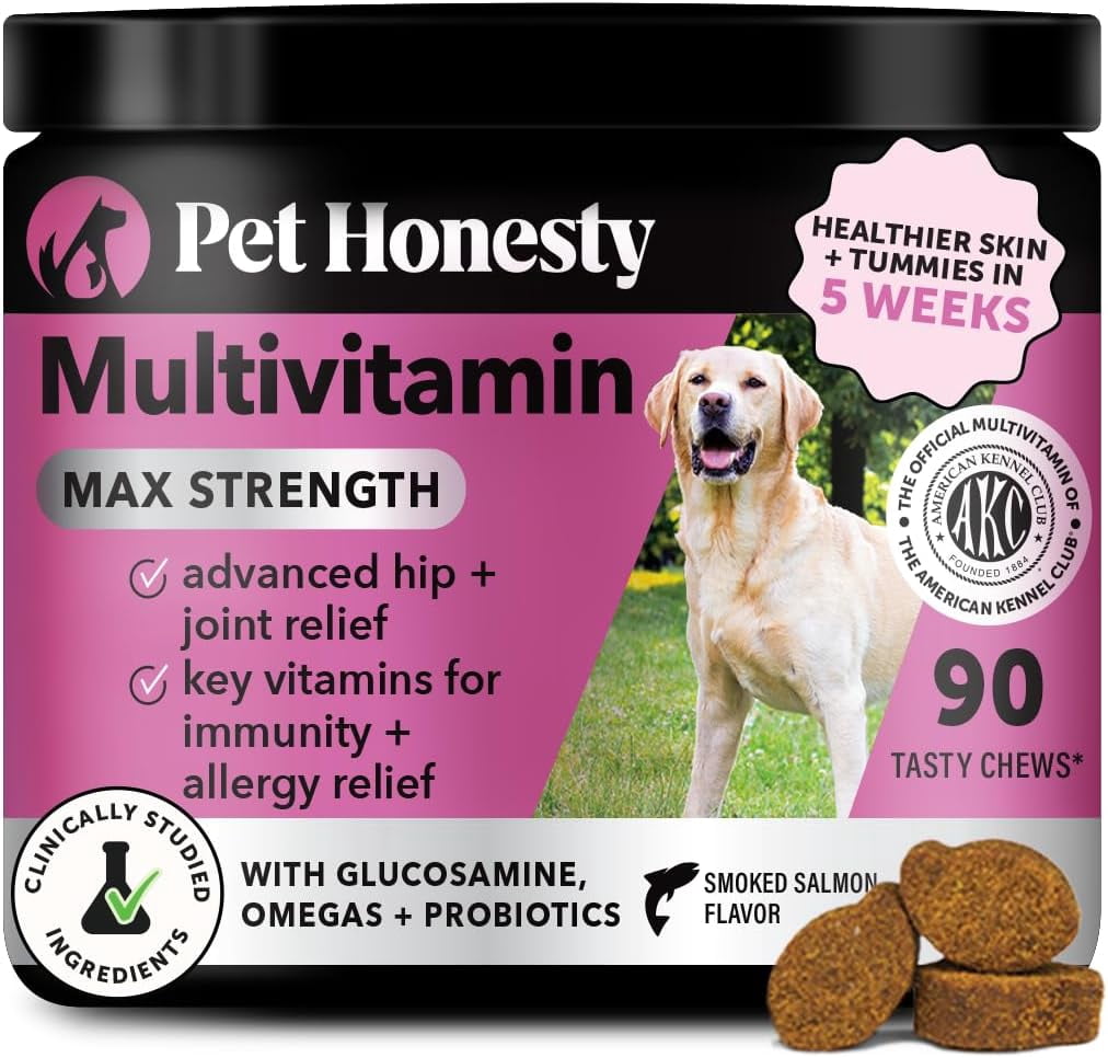 Pet Honesty Dog Multivitamin Max Strength, 15-in-1 Soft Chews with Glucosamine, Probiotics & Omega 3s – Supports Joint, Heart, Immune, Skin & Coat Health, Salmon Flavor, 90 Ct