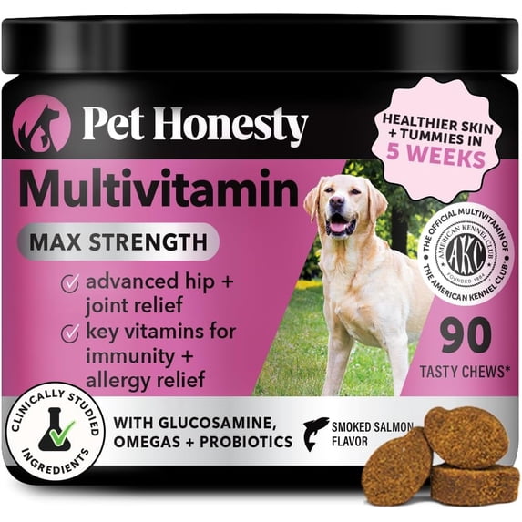 Pet Honesty Dog Multivitamin Max Strength, 15-in-1 Soft Chews with Glucosamine, Probiotics & Omega 3s – Supports Joint, Heart, Immune, Skin & Coat Health, Salmon Flavor, 90 Ct