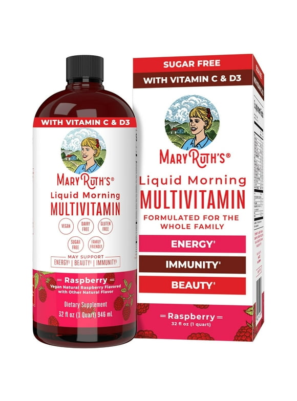 Multivitamin Multimineral for Women & Men by MaryRuth's | No Added Sugar | Vegan Liquid Vitamins for Adults & Kids | Immune Support, Bone Health, Energy Drink | Raspberry Flavor | 32 Fl Oz