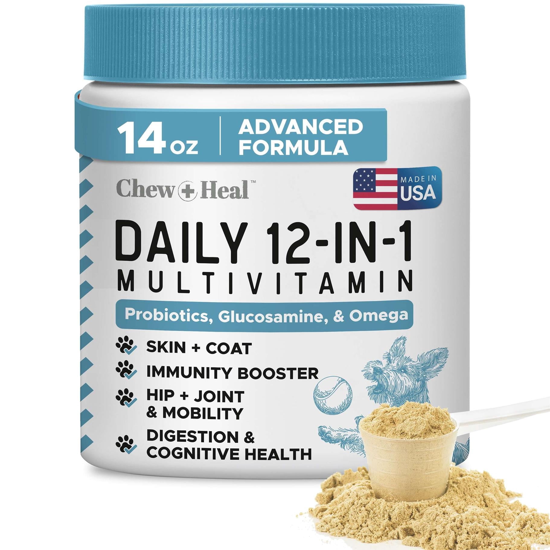 Chew + Heal 12-in-1 Multivitamin Powder for Dogs, 14 oz - with Glucosamine, Omega 3,6,9, Vitamins, and Probiotics