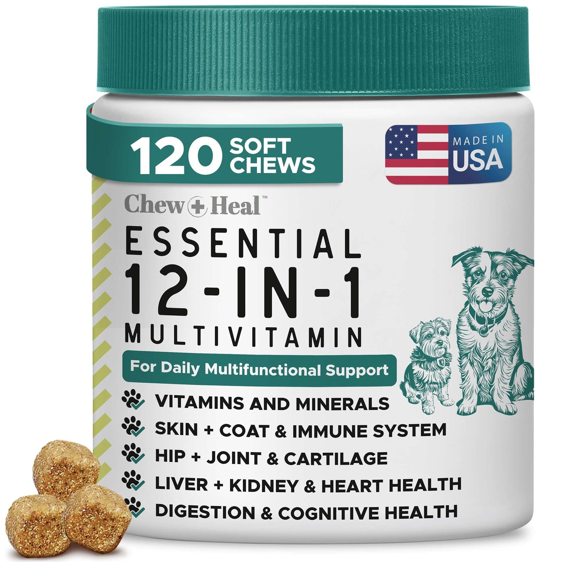 Chew + Heal 12-in-1 Multivitamin for Dogs - 120 Puppy and Senior Dog Soft Chews for Hip and Joint