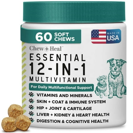 Chew + Heal 12-in-1 Multivitamin for Dogs - 60 Puppy and Senior Dog Soft Chews for Hip and Joint