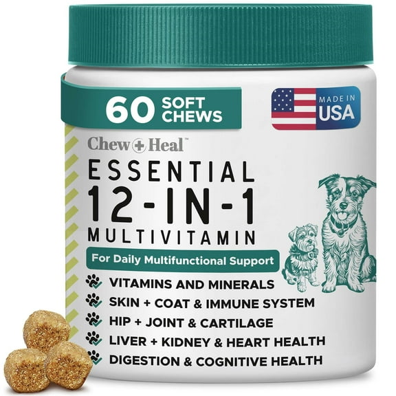 Chew + Heal 12-in-1 Multivitamin for Dogs - 60 Puppy and Senior Dog Soft Chews for Hip and Joint