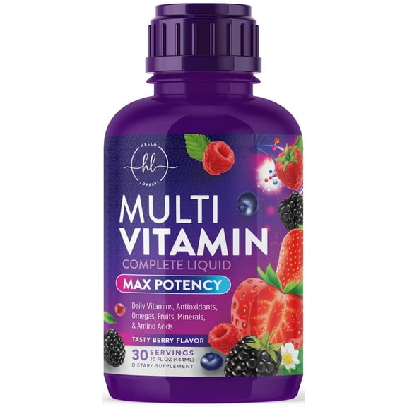 Liquid Multivitamin - Sugar Free Daily Multi Vitamin for Women, Men & Kids, Vitamins A, C, D, B-12, Biotin & Zinc - Supports Faster Hair Growth & Skin Wrinkles, Vegan, Non-GMO, Berry Flavor, 15 Fl Oz