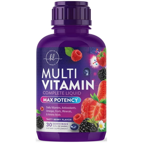 Liquid Multivitamin - Sugar Free Daily Multi Vitamin for Women, Men & Kids, Vitamins A, C, D, B-12, Biotin & Zinc - Supports Faster Hair Growth & Skin Wrinkles, Vegan, Non-GMO, Berry Flavor, 15 Fl Oz
