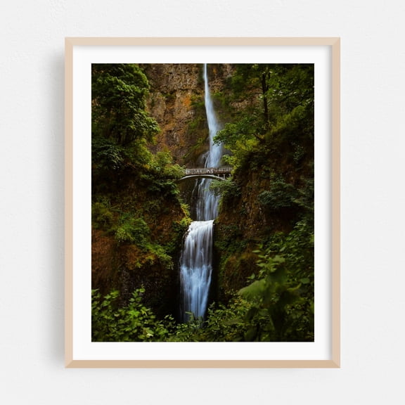 Multnomah Falls - Oregon Photography Waterfall Bridge Nature Scenic Forest Landscape Wilderness Oak Framed Wall Art Print 12 x 16 inches