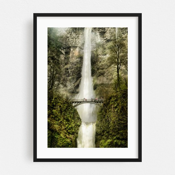 Multnomah Falls - Photography Waterfall Bridge Nature Scenic Landscape Forest Black Framed Wall Art Print 9 x 12 inches