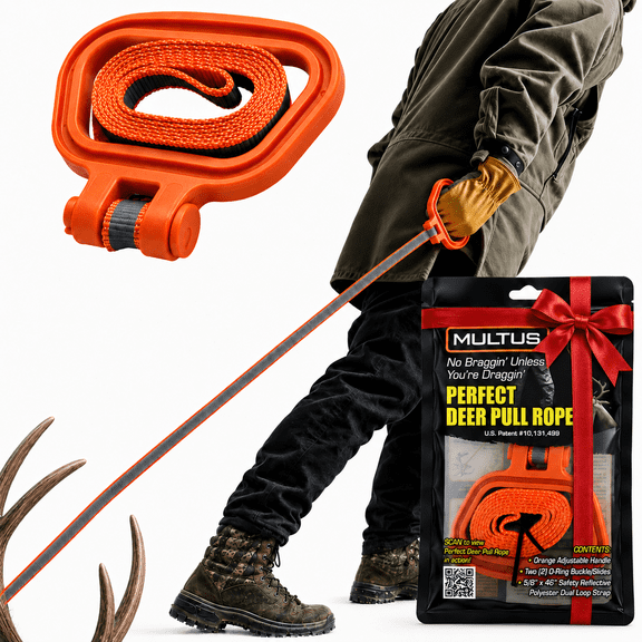 Multus Perfect Deer Drag Strap, Deer Puller & Hauling Rope for Hunting, Polyester, 400 Lb Capacity, Single Handle, Reflective Orange Strap