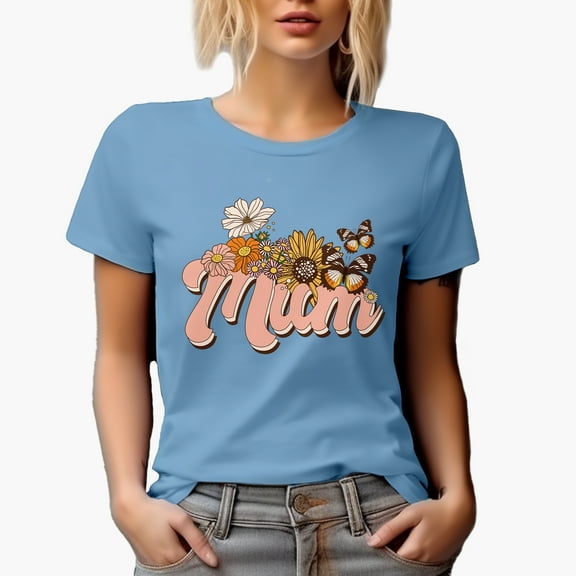 Mum with Retro Mother's Day Flowers and Butterflies Art Merch Gift, Baby Blue T-Shirt, Large