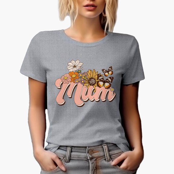 Mum with Retro Mother's Day Flowers and Butterflies Art Merch Gift, Heather Grey T-Shirt, Large