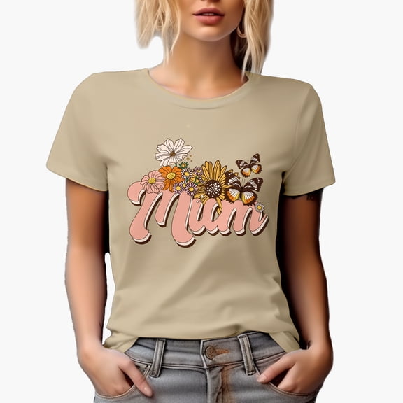 Mum with Retro Mother's Day Flowers and Butterflies Art Merch Gift, Tan T-Shirt, Medium