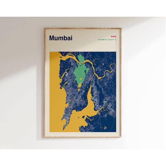 Mumbai India Map Print, Mumbai City Map Print, Colour Map Of Mumbai, Modernist Wall Art