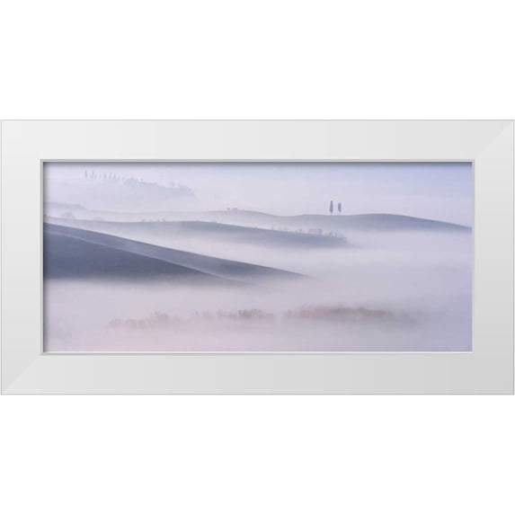 Mumford, Andy 32x16 White Modern Wood Framed Museum Art Print Titled - Dawn Mist in Val da€™Orcia, Tuscany