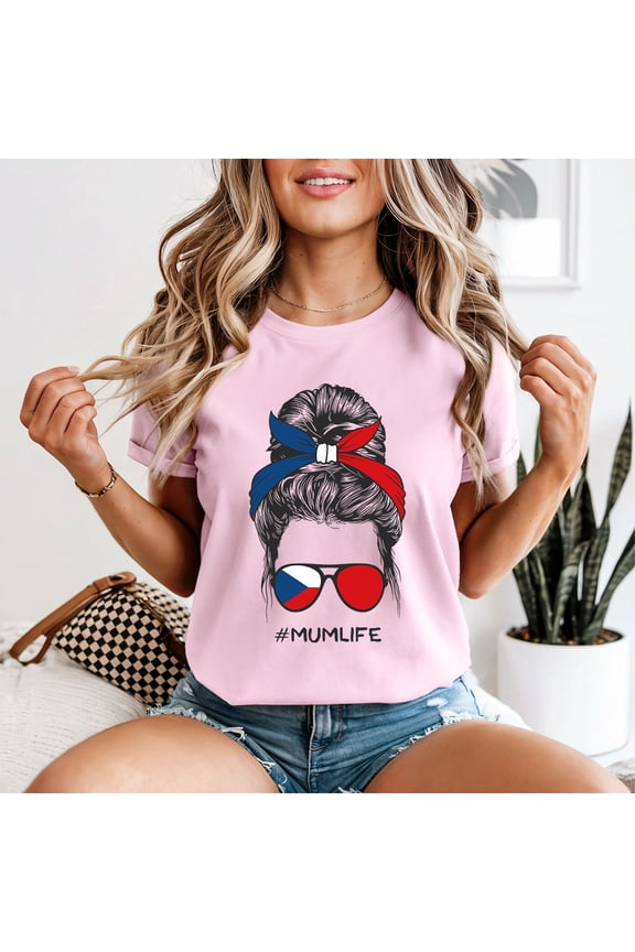 Mumlife Czech Flag Messy Bun Motherhood Family Womens T-Shirt