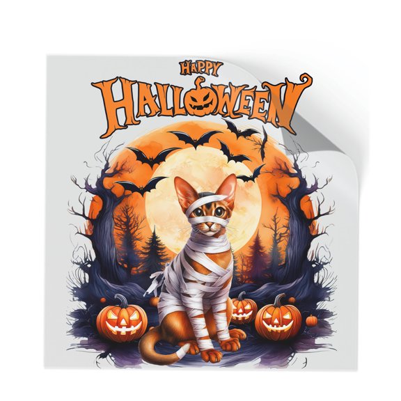 Mummy Abyssinian Happy Halloween with Pumpkins Bats Spooky Fun Cutout Transfer Sticker Cat Lover Kitten Owner Gifts Transparent Decal Art Decor - 00019