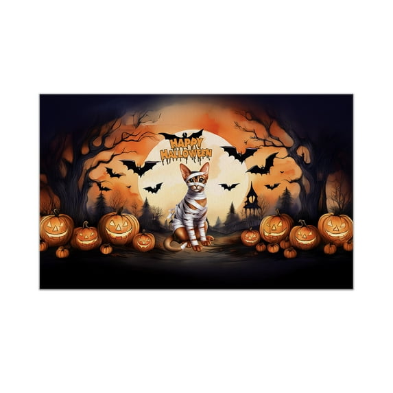 Mummy Abyssinian Happy Halloween with Pumpkins Bats Spooky Fun Doormat Cat Lover Kitten Owner Gifts Indoor Outdoor Welcome Mat - 00019