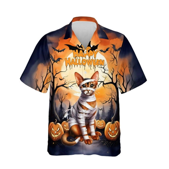 Mummy Abyssinian Happy Halloween with Pumpkins Bats Spooky Fun Hawaiian Shirt Breathable Summer Unisex Merch Cat Lover Kitten Owner Gifts - 00019