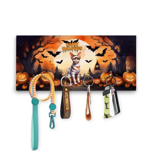 Mummy Abyssinian Happy Halloween with Pumpkins Bats Spooky Fun Wood Key Holder Cat Lover Kitten Owner Gifts Wall-mounted Key Rack Home Decor - 00019