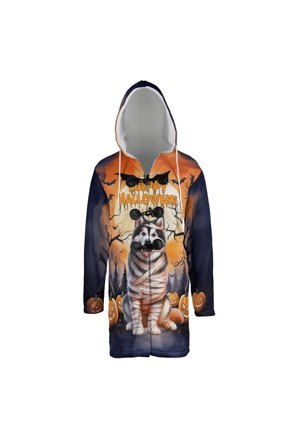 Mummy Alaskan Malamute Happy Halloween with Pumpkins Bats Spooky Fun All Over Print 3D Hooded Duffle Toggle Coat Alaska Mal Dog Lovers Gifts - 00019