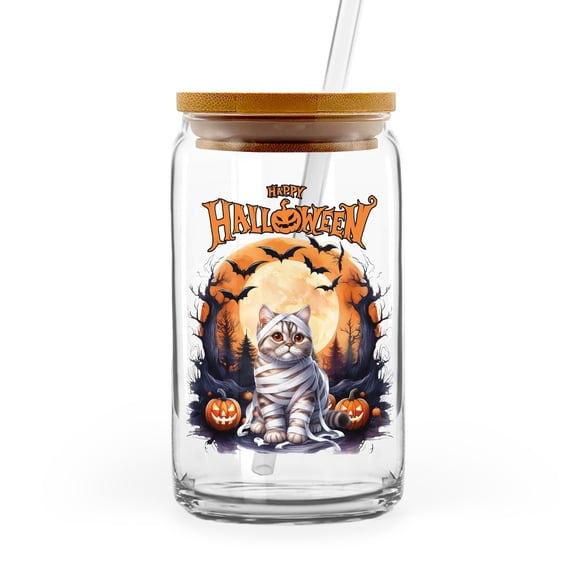 Mummy American Shorthair Happy Halloween with Pumpkins Bats Spooky Fun 16oz Glass Cup Mug Cat Lover Kitten Owner Gifts Glass Can with Bamboo Lid and Straw - 00019