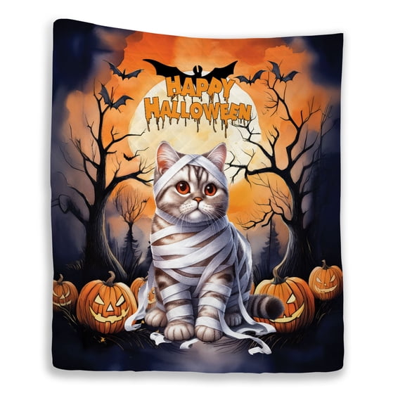 Mummy American Shorthair Happy Halloween with Pumpkins Bats Spooky Fun Quilt Blanket Cat Lover Kitten Owner Gifts Cozy Comforter Throw Blanket - 00019