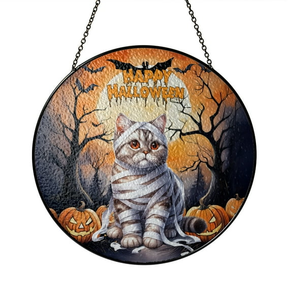Mummy American Shorthair Happy Halloween with Pumpkins Bats Spooky Fun Stained Glass Suncatcher Cat Lover Kitten Owner Gifts Window Hanging Sign Decor - 00019