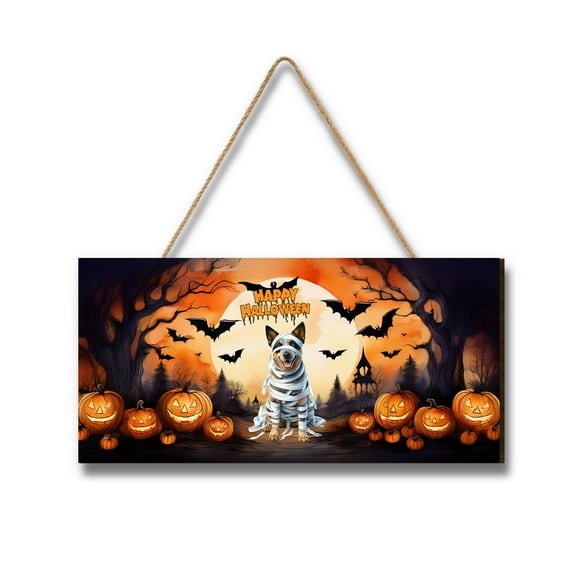 Mummy Australian Cattle Dog Happy Halloween with Pumpkins Bats Spooky Fun Landscape Wood Sign Heeler Lover Gifts Hanging Wall Home Decor - 00019