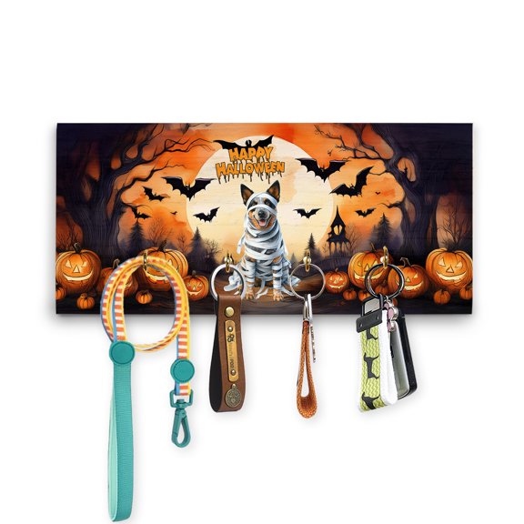 Mummy Australian Cattle Dog Happy Halloween with Pumpkins Bats Spooky Fun Wood Key Holder Heeler Lover Gifts Wall-mounted Key Rack Home Decor - 00019