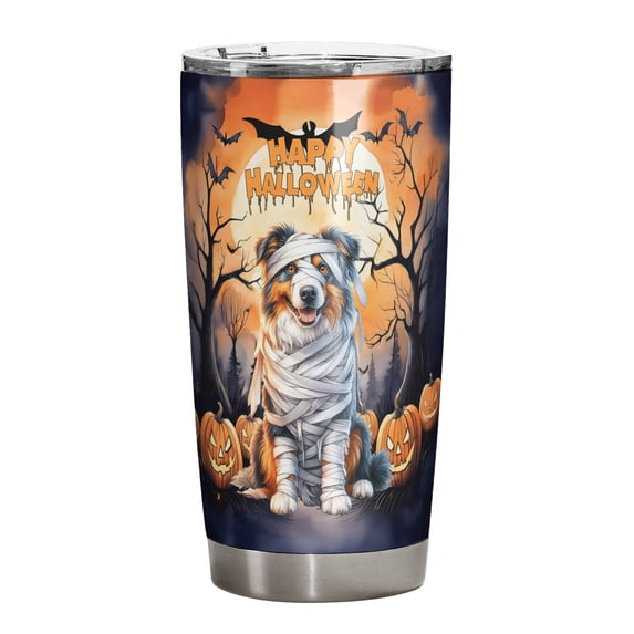 Mummy Australian Shepherd Happy Halloween with Pumpkins Bats Spooky Fun 20oz Stainless Steel Tumbler Insulated Cup with Lid Aussie Dog Lover Gifts - 00019
