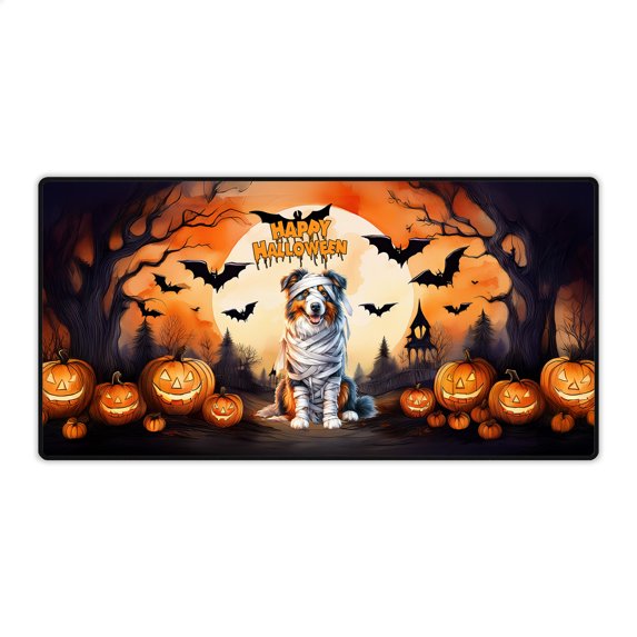 Mummy Australian Shepherd Happy Halloween with Pumpkins Bats Spooky Fun Desk Mat Full Keyboard Mouse Pad Aussie Dog Lover Gifts Large Mousepad - 00019