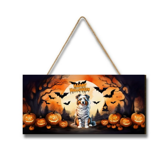 Mummy Australian Shepherd Happy Halloween with Pumpkins Bats Spooky Fun Landscape Wood Sign Aussie Dog Lover Gifts Hanging Wall Home Decor - 00019