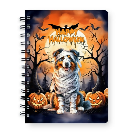 Mummy Australian Shepherd Happy Halloween with Pumpkins Bats Spooky Fun Spiral Bound Journal Aussie Dog Lover Gifts 5x7in Spiral Notebook - 00019