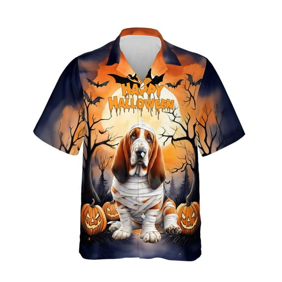 Mummy Basset Hound Happy Halloween with Pumpkins Bats Spooky Fun Hawaiian Shirt Breathable Summer Unisex Merch Bassets Dog Breed Lovers Gifts Idea - 00019