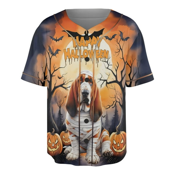 Mummy Basset Hound Happy Halloween with Pumpkins Bats Spooky Fun All Over Print 3D Baseball Shirt Bassets Dog Breed Lovers Gifts Idea Softball Sport - 00019