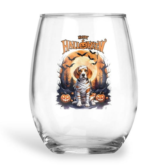 Mummy Beagle Happy Halloween with Pumpkins Bats Spooky Fun 15oz Stemless Wine Glass Mug Beagles Dog Lover Gifts Idea Wine Glasses Cup - 00019