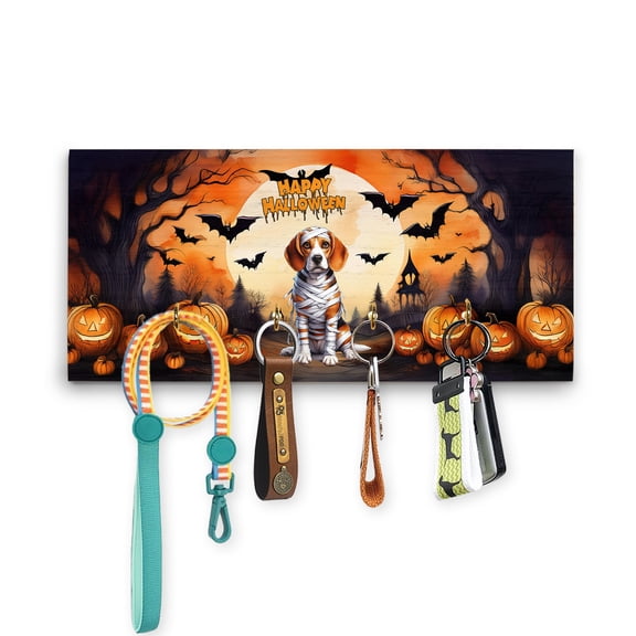 Mummy Beagle Happy Halloween with Pumpkins Bats Spooky Fun Wood Key Holder Beagles Dog Lover Gifts Idea Wall-mounted Key Rack Home Decor - 00019