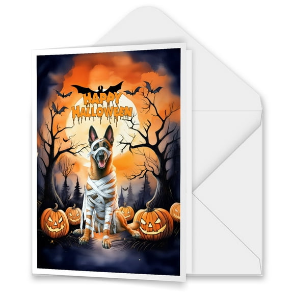 Mummy Belgian Malinois Happy Halloween with Pumpkins Bats Spooky Fun 5x7in Folded Greeting Card Sheepdog Dog Lover Gifts Single Note Card with Envelope - 00019
