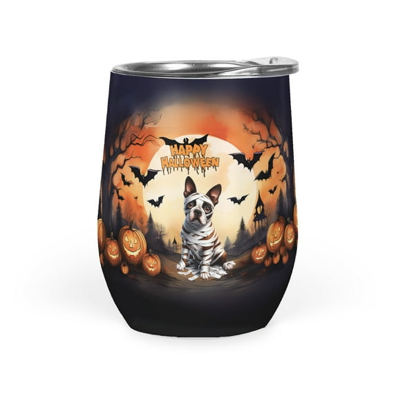 Mummy Boston Terrier Happy Halloween with Pumpkins Bats Spooky Fun 12oz Stainless Steel Wine Tumbler Insulated Cup with Lid Gentleman Dog Lover Gifts - 00019
