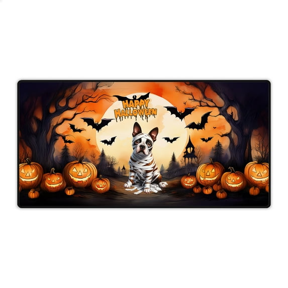 Mummy Boston Terrier Happy Halloween with Pumpkins Bats Spooky Fun Desk Mat Full Keyboard Mouse Pad Gentleman Dog Lover Gifts Large Mousepad - 00019