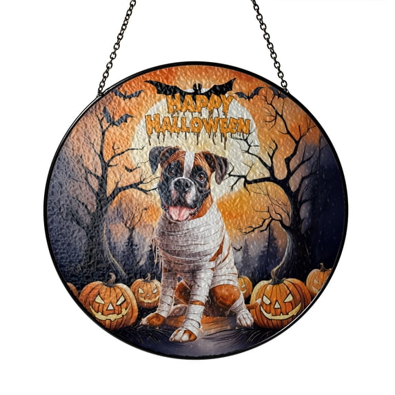 Mummy Boxer Happy Halloween with Pumpkins Bats Spooky Fun Stained Glass Suncatcher Boxers Dog Lover Gifts Idea Window Hanging Sign Decor - 00019