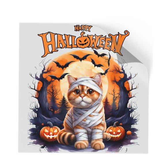 Mummy British Shorthair Happy Halloween with Pumpkins Bats Spooky Fun Cutout Transfer Sticker Cat Lover Kitten Owner Gifts Transparent Decal Art Decor - 00019