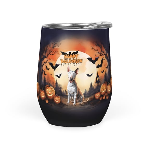 Mummy Bull Terrier Happy Halloween with Pumpkins Bats Spooky Fun 12oz Stainless Steel Wine Tumbler Insulated Cup with Lid Bully Dog Lovers Gifts Idea - 00019