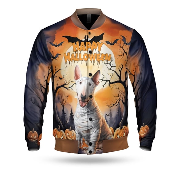 Mummy Bull Terrier Happy Halloween with Pumpkins Bats Spooky Fun All Over Print 3D Baseball Jacket Bully Dog Lovers Gifts Idea Bomber Jacket Softball - 00019