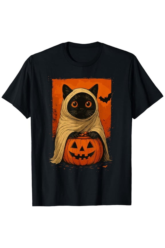 Mummy Cat Halloween T-Shirt,Graphic Tee with Pumpkin & Bat,Halloween Tops for Women,Cute Halloween Shirt ,Classic,cotton,black,S-5XL
