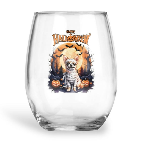 Mummy Chihuahua Happy Halloween with Pumpkins Bats Spooky Fun 15oz Stemless Wine Glass Mug Dog Lover Gifts Idea Wine Glasses Cup - 00019