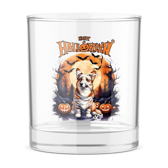 Mummy Corgi Happy Halloween with Pumpkins Bats Spooky Fun 11oz Whiskey Glass Mug Welsh Corgi Dog Lover Gifts Idea Whiskey Cocktail Glasses Cup - 00019