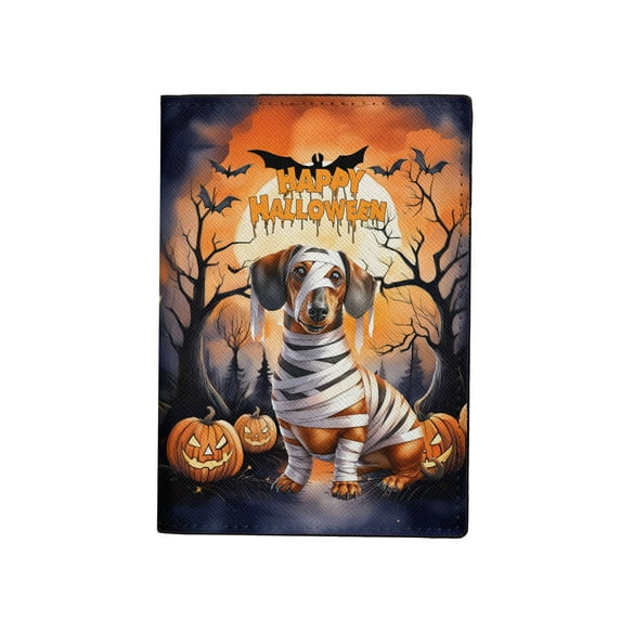 Mummy Dachshund Happy Halloween with Pumpkins Bats Spooky Fun Travel Passport Wallet Wiener Dog Lover Gifts Idea PU Leather Passport Holder Cover - 00019