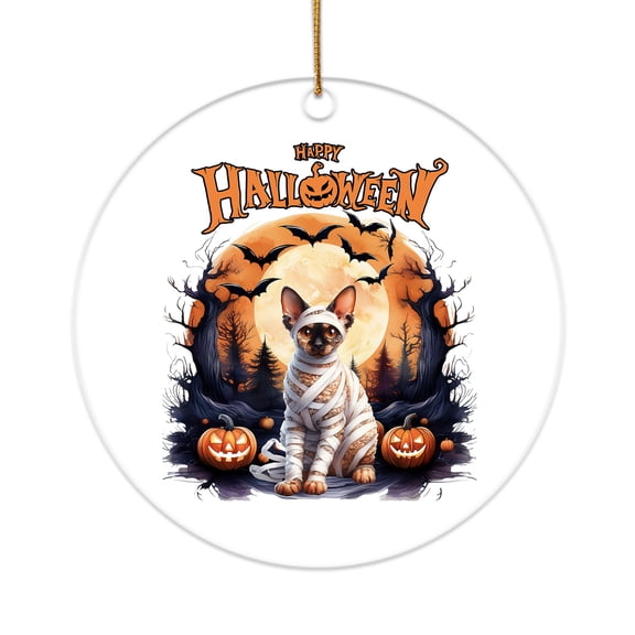 Mummy Devon Rex Happy Halloween with Pumpkins Bats Spooky Fun Acrylic Round Ornament Cat Lover Kitten Owner Gifts Home Tree Decor - 00019